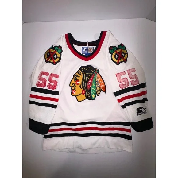 Vintage Starter Chicago Blackhawks Hockey Jersey Mens Size S/M DAZE 55 White Red
